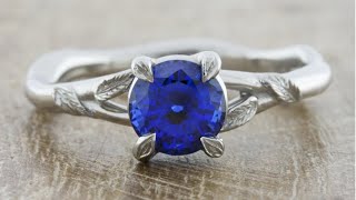 Pembroke - 1.50ct Round Blue Sapphire Platinum Leaf Detailed Engagement Ring