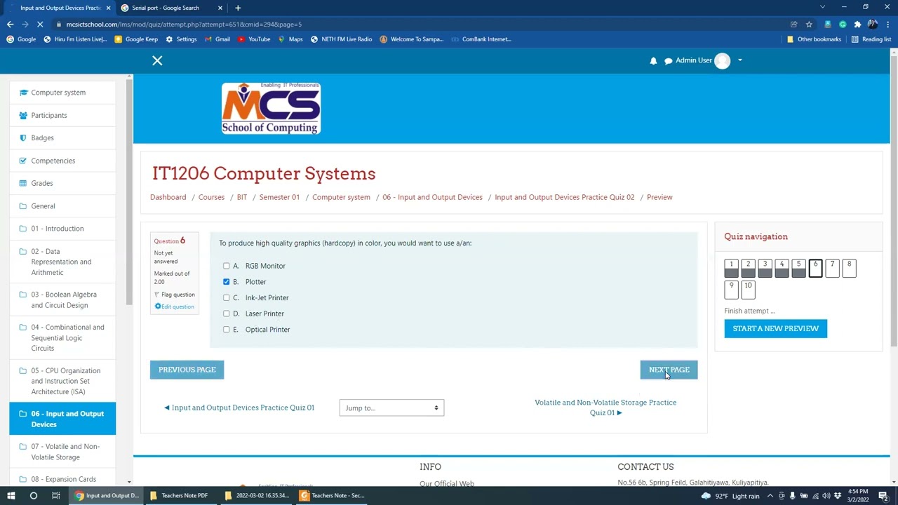 BIT Semester 1 - Computer Systems - Input And Output Devices Practice ...