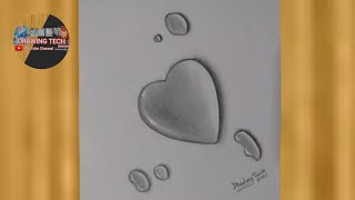 How to draw easy 3d Heart Water Drop Pencil Drawing | 3d Heart Water Drop Drawing | Drawing Tech