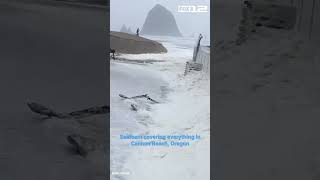 Seafoam covering everything at Cannon Beach, Oregon today amid extremely high winds.