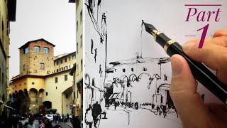 Urban sketching/learning video for beginners/Pen + watercolor sketching (1) ink line part