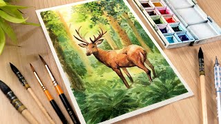 Watercolor Painting of Forest Deer and Trees Landscape