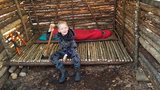 Bushcraft Log Cabin Build - 8 Days Winter Camping & Cooking in Primitive Shelter