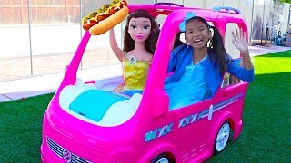 Wendy & Belle Pretend Play w/ Barbie Power Wheels Camper Food Truck Ride-on Toy