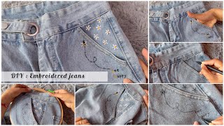 DIY : Embroidery on jeans 😍 || how to embroider jeans ||