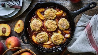 Grilled skillet peach cobbler with almond flour biscuit topping