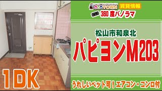 360度パノラマ(VR) 愛媛県松山市の賃貸マンション紹介！「パピヨンＭ203号室 （間取り：１DK）」初期得ゼロプランキャンペーン物件☆家賃のみで入居可能！ペット飼育可能です♪