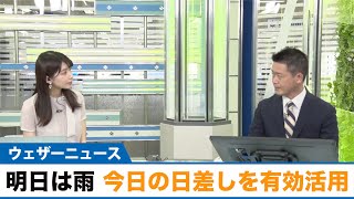 明日22日(水)は広範囲で雨 今日の日差しを有効活用