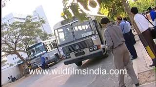 Infosys employees in Ashok Leyland buses in Bengaluru in 1990's, alongside bullock cart