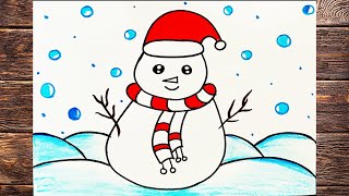 Merry Christmas Scenery Drawing | How to Draw Winter Season Snowman Scenery Drawing In Easy Steps