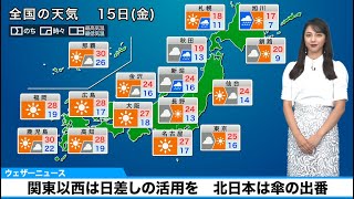 【10月15日(金)の天気予報】関東以西は日差しの活用を　北日本は傘の出番