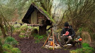Building wood survival shelter in wildlands | Bushcraft & Campfire grilled meat