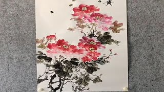 Traditional brush painting of Peony flowers by artist Zhi Fei