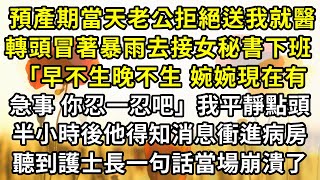 預產期當天老公拒絕送我去醫院，轉頭冒著暴雨去接女秘書下班「早不生晚不生 婉婉現在有急事 你忍一忍吧」我平靜點頭，半小時後他得知消息衝進病房，聽到護士長一句話當場崩潰了。#追妻火葬場 #復仇