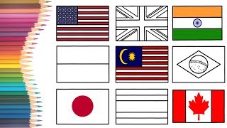 How to Draw & Colour Book Page for Kids  - 11 Nation Flags