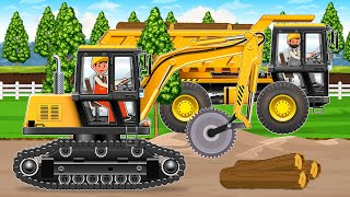 Wood Tree Cutting - Excavator, Loader, Crane, Dump Truck House Construction | Construction Vehicles