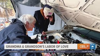 Grandma, grandson repair old car together