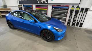 3M 2080 Satin Perfect Blue on a 2021 Tesla Model 3 Performance