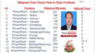 Distances From Phnom Penh to Other Provinces ចម្ងាយផ្លូវពីភ្នំពេញទៅបណ្តាខេត្តនានា​ វគ្គ១