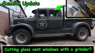 Cutting new vent window glass with a grinder for the General crew cab.