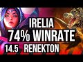 IRELIA vs RENEKTON (TOP) | 74% winrate, 11 solo kills, Godlike | BR Master | 14.5