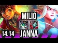 MILIO & Jinx vs JANNA & Miss Fortune (SUP) | Rank 2 Milio, 0/3/28 | EUNE Challenger | 14.14