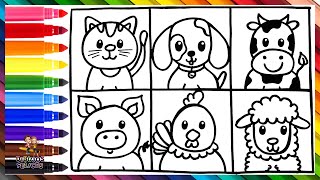 Dibuja y Colorea Animales De Granja Arcoiris 🐱🐶🐮🐷🐔🐑🌈 Dibujos Para Niños