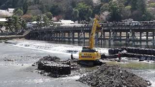 嵐山･渡月橋下で黙々と作業をするショベルカー