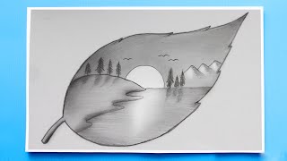 Landscape Drawing on a Leaf | How to Draw a simple Landscape - Creative Drawing idea!