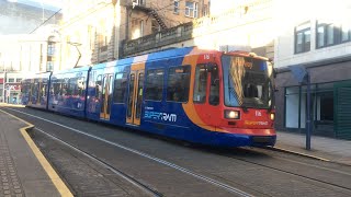 Stagecoach Supertram 116 departs Ponds Forge with a Blue Route Service to Halfway