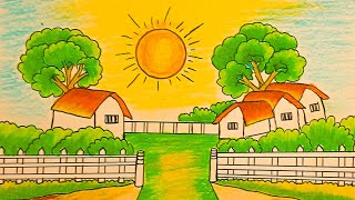 How to draw easy scenery drawing of nature beautiful village house drawing easy step by step.