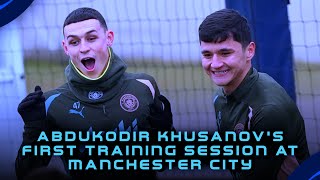 Abdukodir Khusanov's first training session at Manchester City