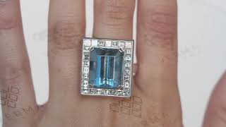 Circa 1950s 15 Carat Aquamarine \u0026 Diamond Halo, Platinum Engagement Ring, ATL #654