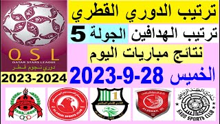 ترتيب الدوري القطري وترتيب الهدافين الجوبة 5 اليوم الخميس 28-9-2023 - نتائج مباريات دوري نجوم قطر