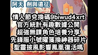 劍與遠征 情人節兌換碼 9biwud4xrt 官方統計有趣數據公開 超強無課角色培養分享 先鋒服小號曜箋換神器碎片 聖靈披風影響鳳凰復活嗎 #阿天 #AFKARENA