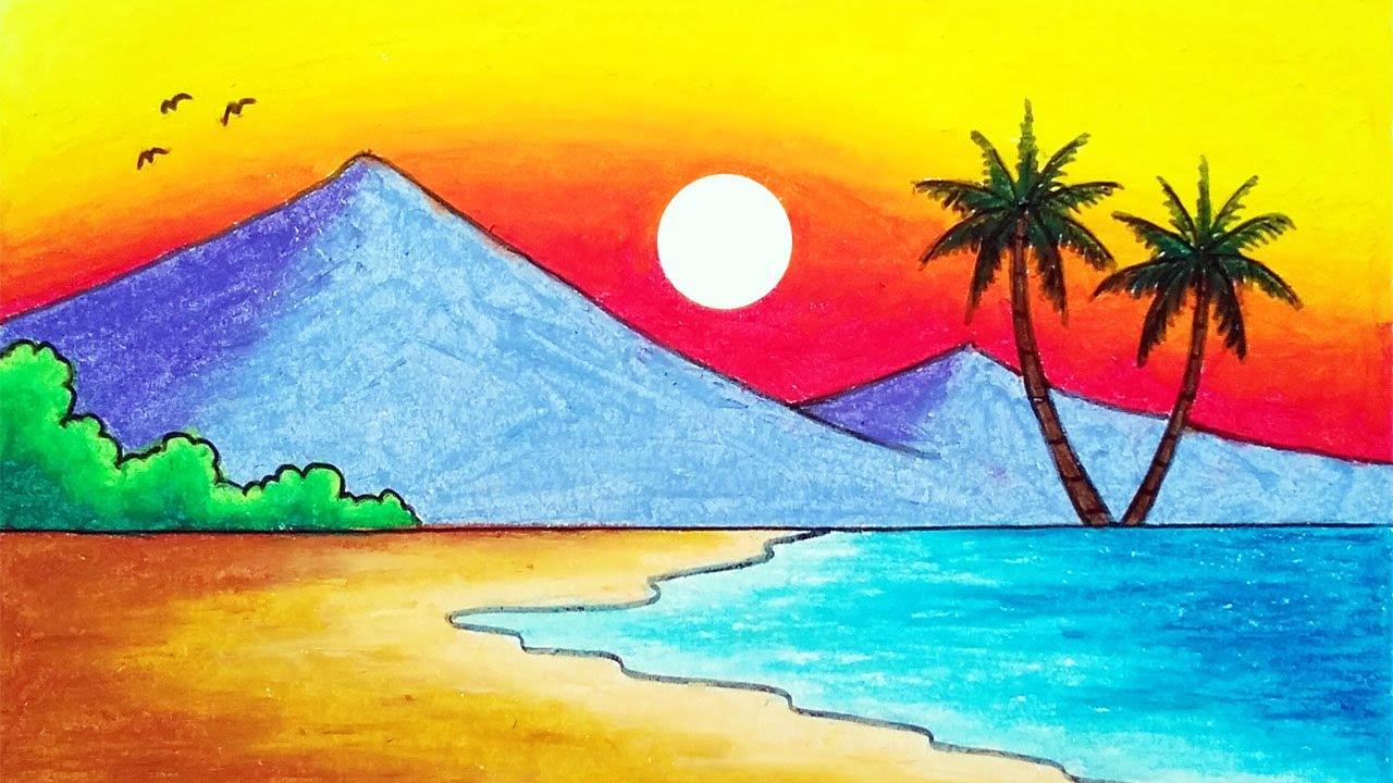 How To Draw Beautiful Sunset In The Beach | Easy Sunset Scenery Drawing ...