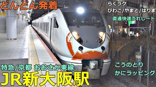 JR新大阪駅 (特急／京都 おおさか東線 2)🚃どんどん電車が発着！●カニ こうのとり／特急 らくラクびわこ・やまと・はりま、サンダーバード、くろしお、はるか、新快速 等／夕方ラッシュ【JR西日本】