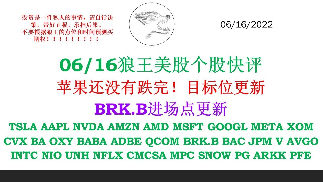 06/16狼王美股个股快评 苹果还没有跌完！目标位更新 BRK.B进场点更新TSLA AAPL NVDA AMZN AMD MSFT ...