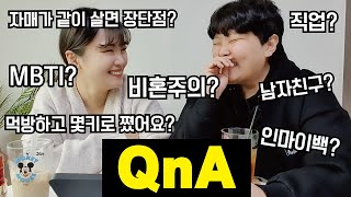 [QnA] 같이 사는 자취 자매 먹방 유튜버 | 비혼주의? MBTI? 직업? 나이? 남자친구? 자영업접은이유? 한달식비? What's in my bag?