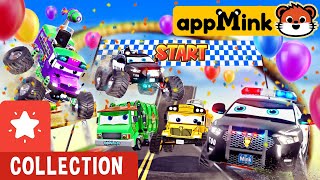 Giant Car Track Challenge  #appMink Kart Racing with Carrier Truck, Police Car, Helicopter