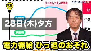 【電力需給予報】あす28日(木)夕方に使用率95%　東京電力エリアは電力需給ひっ迫のおそれ　2023.9.27(水) 21:00更新