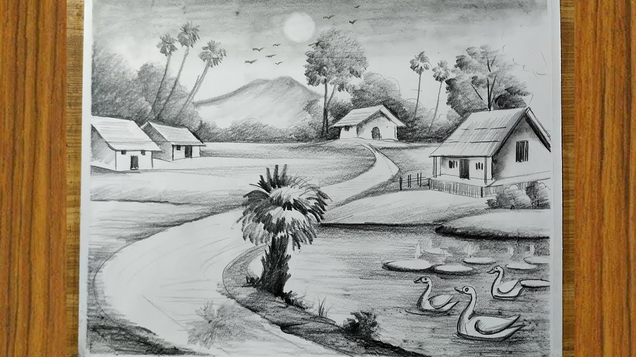 How To Draw Easy Pencil Sketch Scenery,landscape Pahar And River Side ...