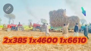 Two 385 one 4600 and one 6610 pulling trolley|| 4 Tractors working in the field||