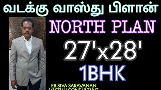 வடக்கு பார்த்த வீடு வாஸ்து பிளான் 27'x28' 1BHK,NORTH FACING HOUSE VASTHU PLAN #வடக்குவீடு #northplan