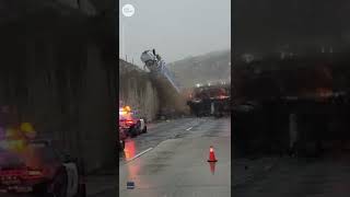 Truck flips over overpass in California, lands atop other vehicles | USA TODAY #Shorts
