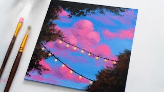 How To Paint Clouds & String Lights Scenery | Acrylic Painting | Easy Painting Step by Step