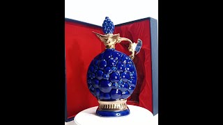 C35 1963 Jim Beams 175 Months Cobalt Blue Grape Whiskey Decanter in Original Box