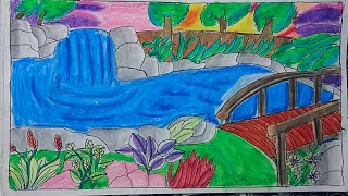 How to drawing Cara menggambar terjun Dan pemandanganb indha oil pastels colour drawing