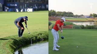 Pro golfers hitting into water