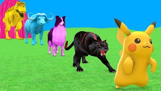 Paint Animals Pikachu,Tiger,Lion,Buffalo,Gorilla,Elephant,Dinosaur Fountain Crossing Animal Game